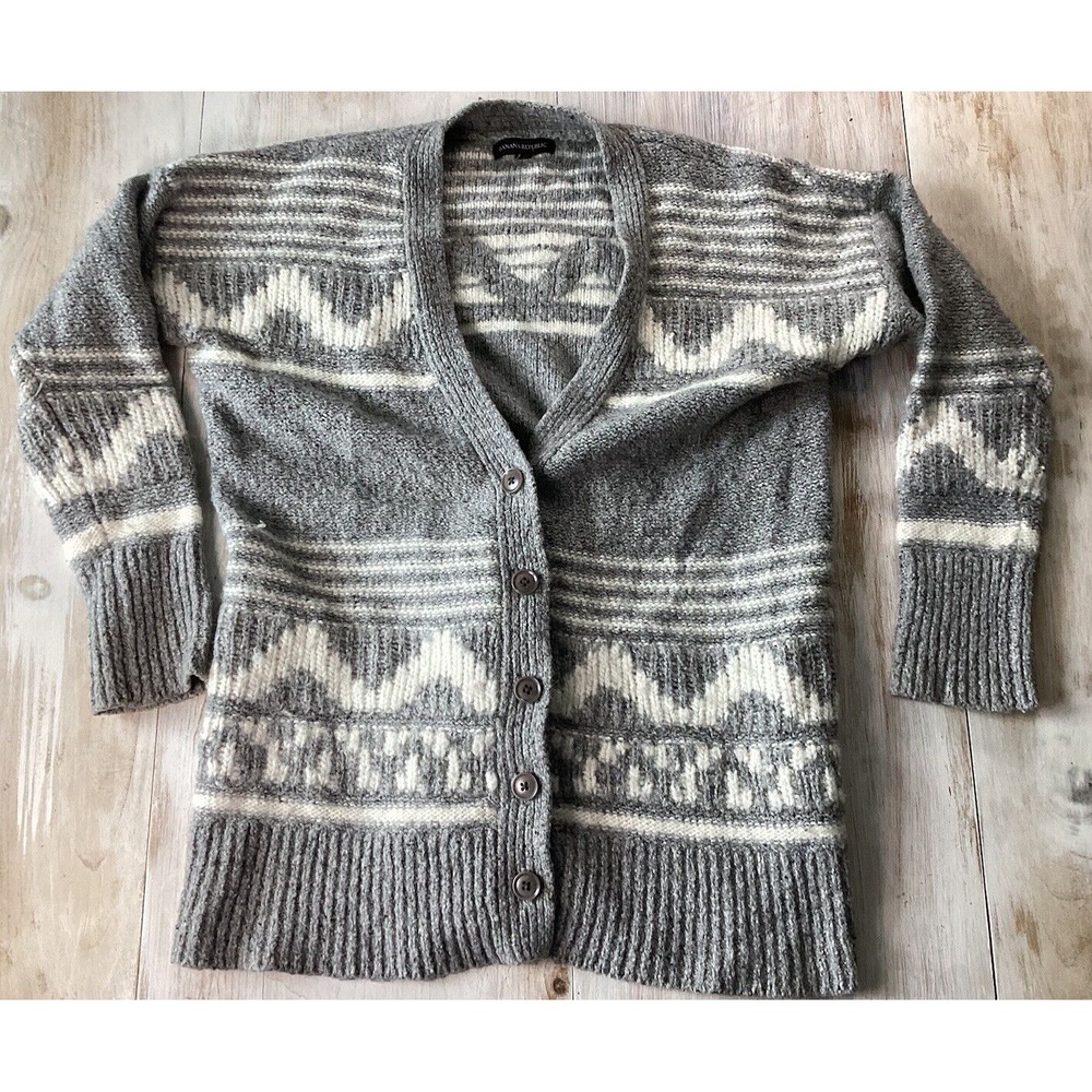 Banana Republic Wool Blend Aztec Gray And White Cardigan Sweater Women's Large P
